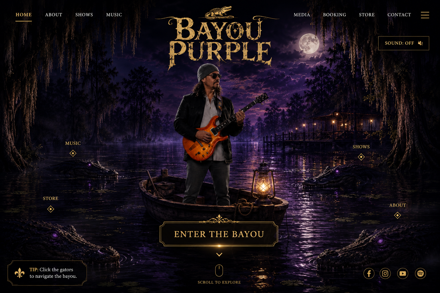 Bayou Purple musician standing in a boat in a moonlit Louisiana swamp