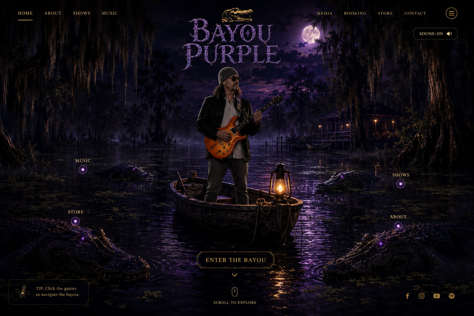 Bayou Purple musician standing in a boat at night in a Louisiana swamp